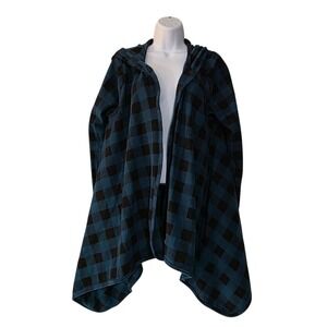 Cuddl Duds Buffalo Plaid Fleece Poncho Hoodie Open Front Teal Black L/XL Soft